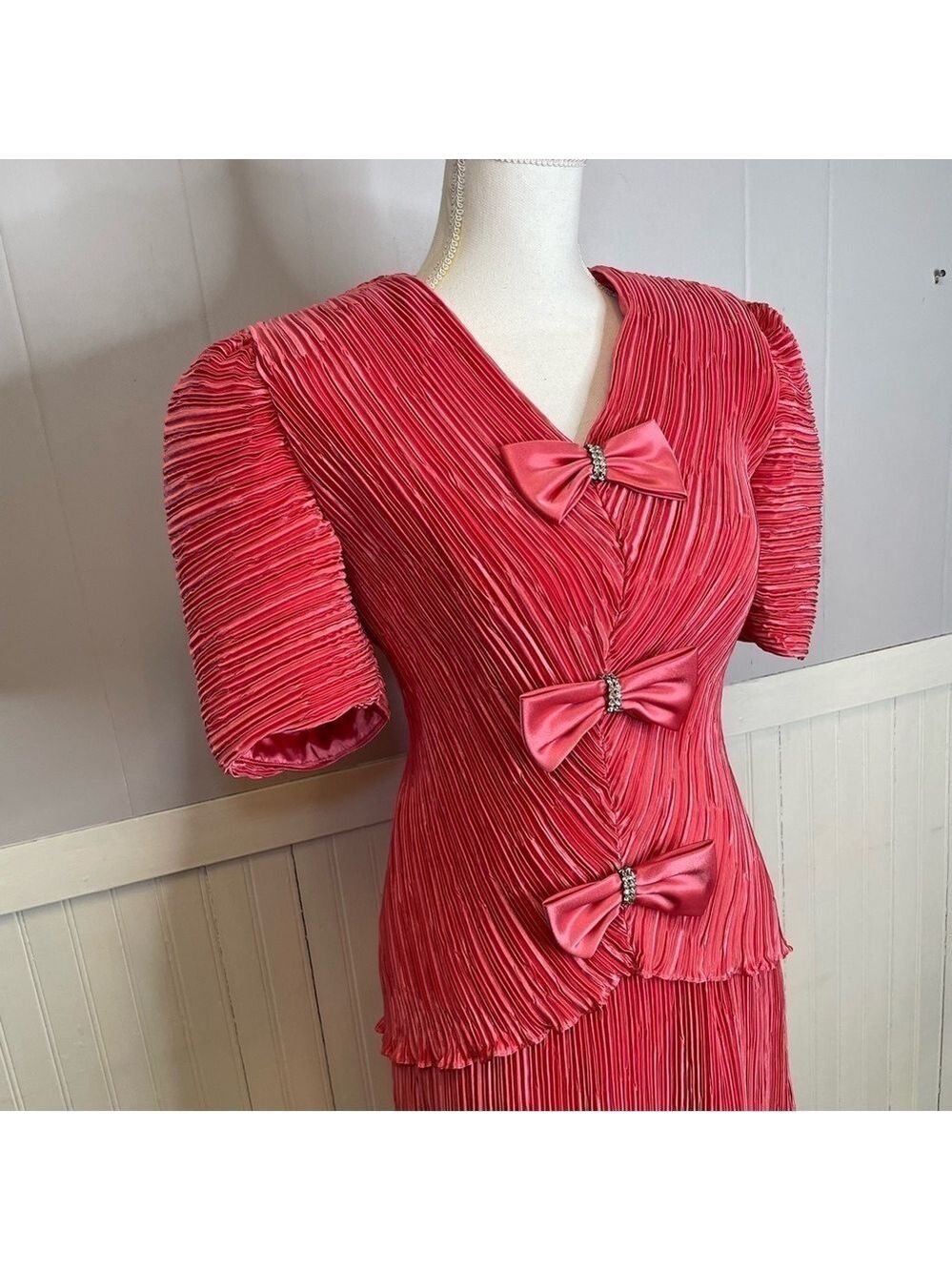 Karen Lawrence Vintage Skirt Set Womens Midi Embellished Bow Event Green 80's 16 - Picture 5 of 13